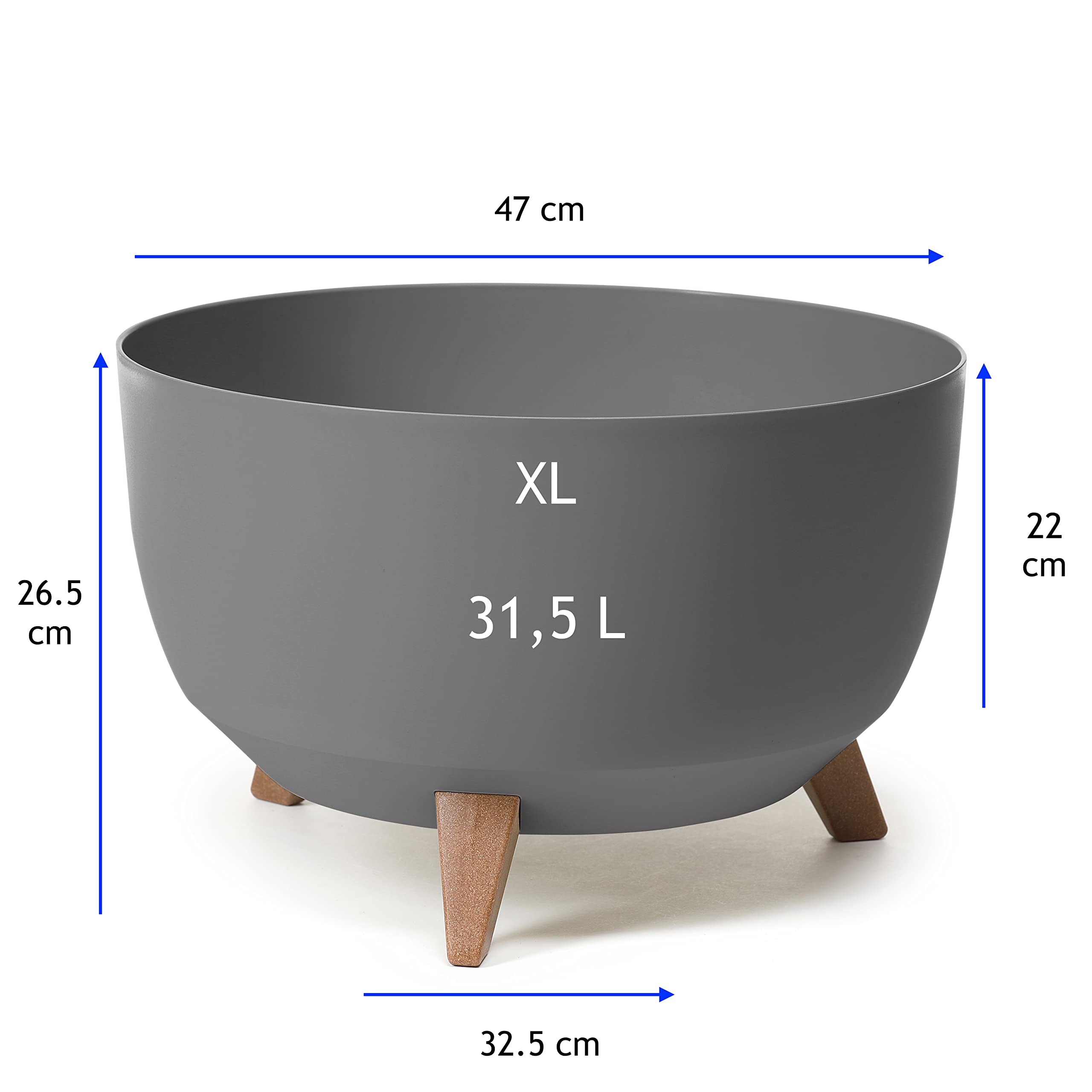 MELTOM Blumentopf mit Füßen aus Kunststoff Schale Rund mit Einsatz Kräutertopf Anthrazit XL 47 cm für Innen- und Außenbereich