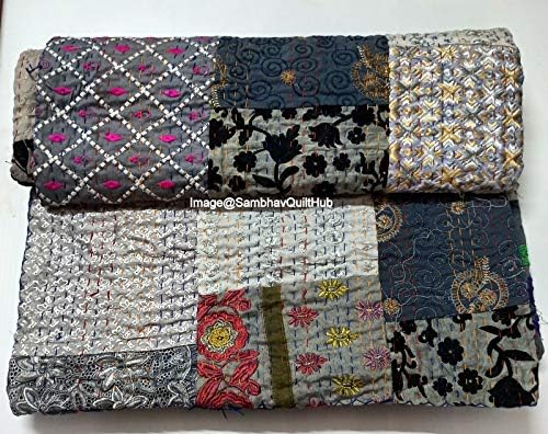 Grey Patchwork Decor Vintage Old Queen/King Size Embroidery Kantha Quilt Home Decorative Khambadiya Kantha Quilt Kantha Bedspread Indian Blanket Quilt with 2 Pillows Cover
