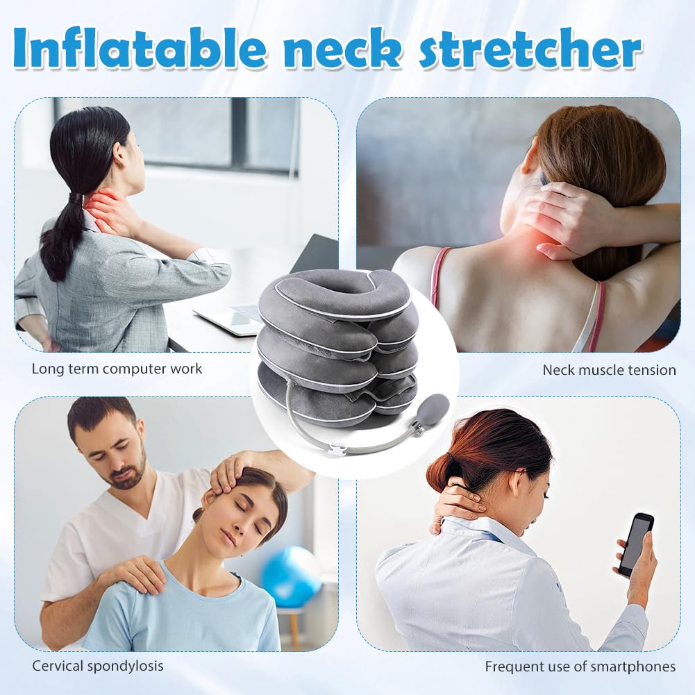 Collare gonfiabile, design di allungamento a 3 strati, supporto per il collo, collarino gonfiabile, per il collo, per il collo, per il collo, per la casa, per alleviare il dolore, grigio chiaro