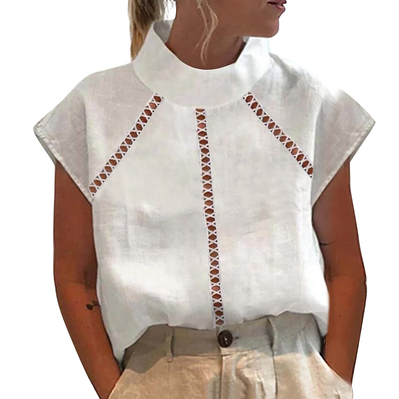 ADMAY Camiseta de mujer elegante elegante blusa top mujer color sólido verano corte suéter de encaje delgado sin mangas de manga corta camisa de cuello alto chaleco primavera gran tamaño