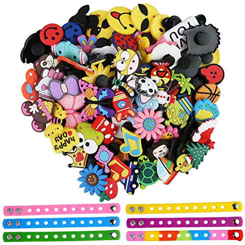 FansArriche 100Pcs Different Shape Shoe Charms and 6pc Wristband Bracelet Fits for Clog Shoes & Wristband Party Favors Gifts