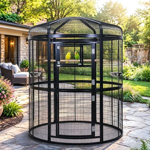 Extra Large Walk-in Round Bird Cage for Parrots Budgies & Macaws Outdoor Aviary with Rustproof Powder-Coated Steel Large Door Feeding Bowls & Beech Wood Perch NSF Safe