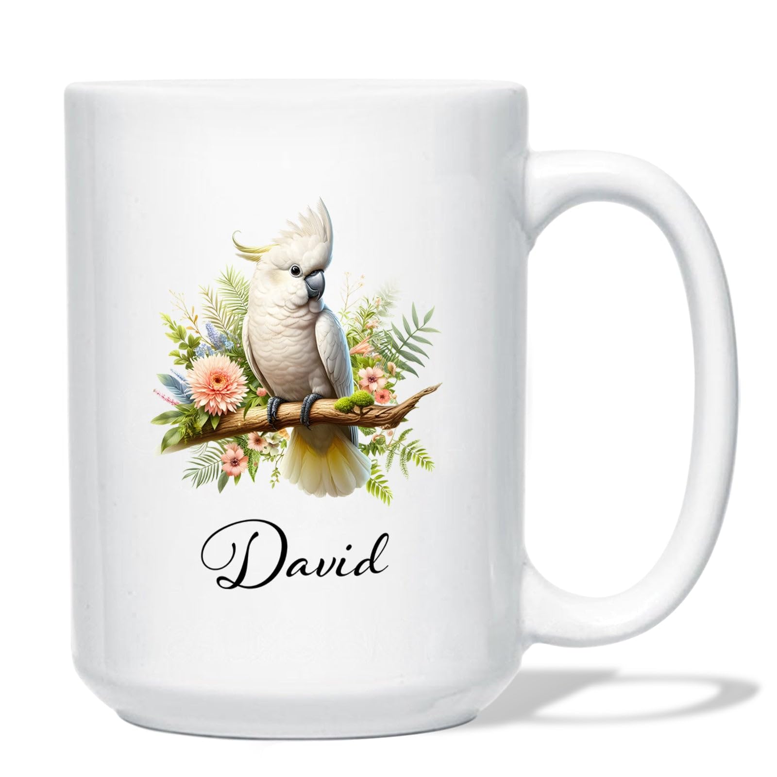 Cockatoo Mug, Customized Cockatoo Coffee Cup, Cockatoo Lover Gift, Custom Cockatoo & Wild Flower Ceramic Mug, Bird Breed Mug, Personalized Cockatoo Enthusiasts Cup With Name, White Cup 11oz 15oz