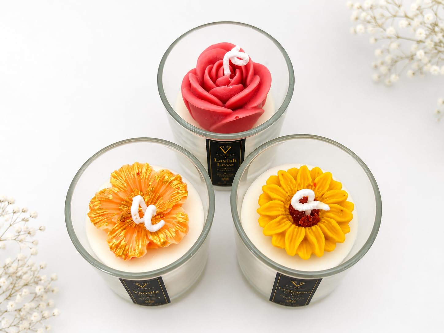Floral Soy Wax Candles Set of 3 | Handmade Rose, Sunflower & Hibiscus Jar Candles | Vanilla, Lemongrass & Lavish Love Fragrance | Home Decor, Wedding Return Gifts, & Housewarming Gifts-image-49