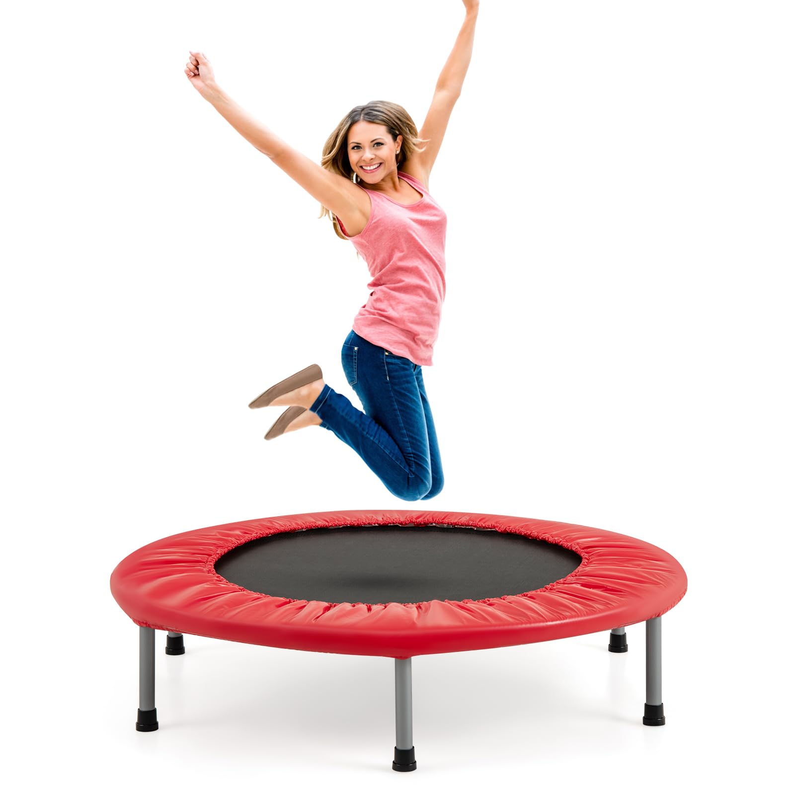 SPOTRAVEL Mini Trampoline, Foldable Fitness Rebounder with Protective Cover, Indoor Outdoor Portable Exercise Bouncer for Kids Adults (38”, Red, without Handrail)