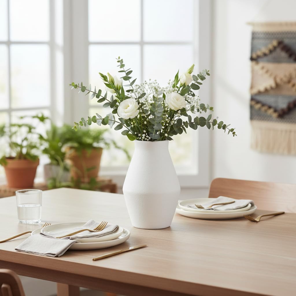 White Ceramic Vase - Boho Pottery Vases for Flowers, Rustic Farmhouse Vase for Pampas Grass, Office Coffee Table Decor Living Room Shelf Bathroom Decor 10 Inch - Image 7