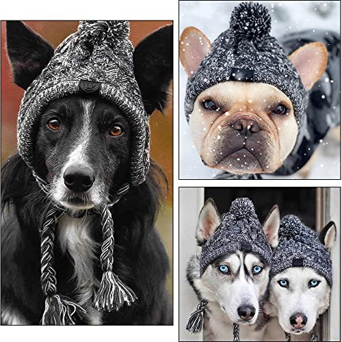Haustier Pompom Strickmütze, FainFun Gestrickte Warm Winddicht Hundemütze, Winddichte Haustier Kopfbedeckung für Winter, Graue Gestrickte Hund Kappen, Flauschige Warme Hundehut mit Langem Zopf, S