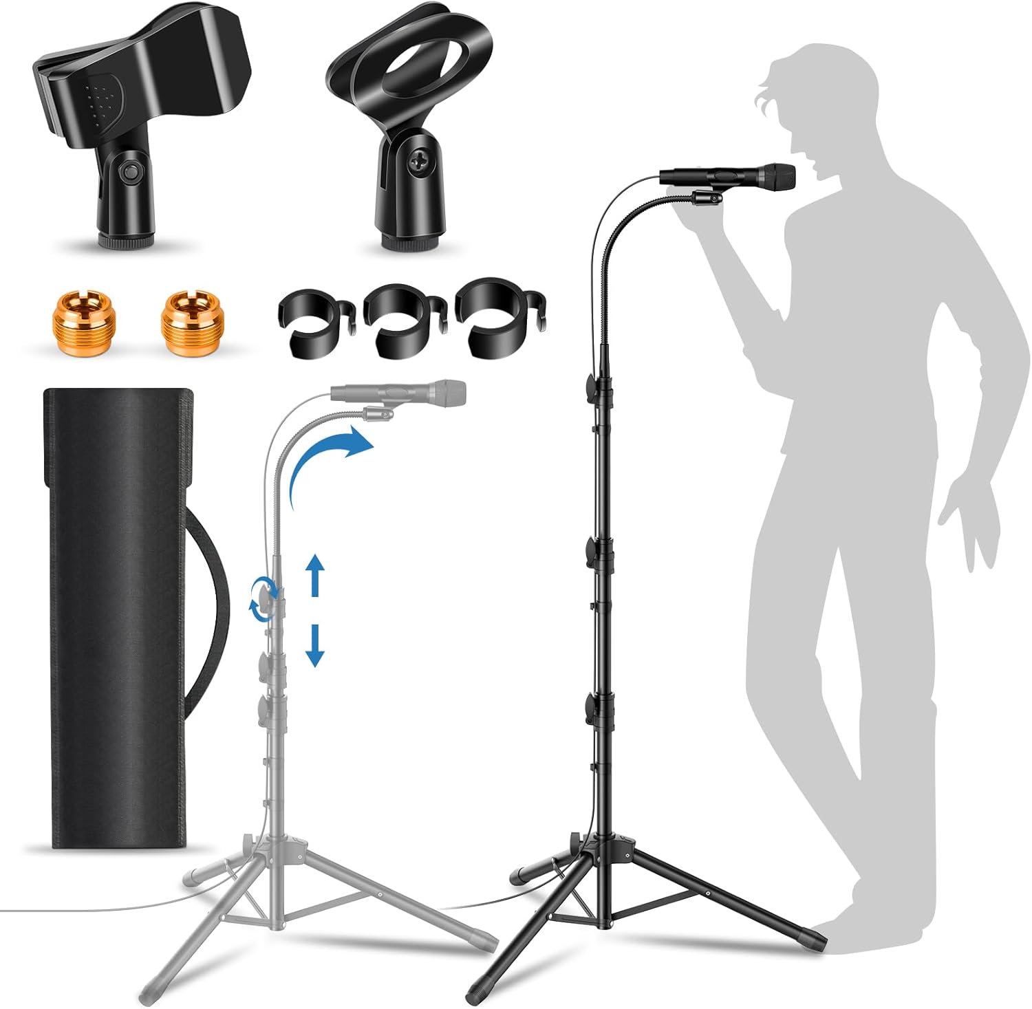 Mic Stand Detachable Gooseneck Microphone Stand Floor Height Adjustable from 24” to 67” for Kids with 2 Mic Clips for Singing Lecture Stage Wedding