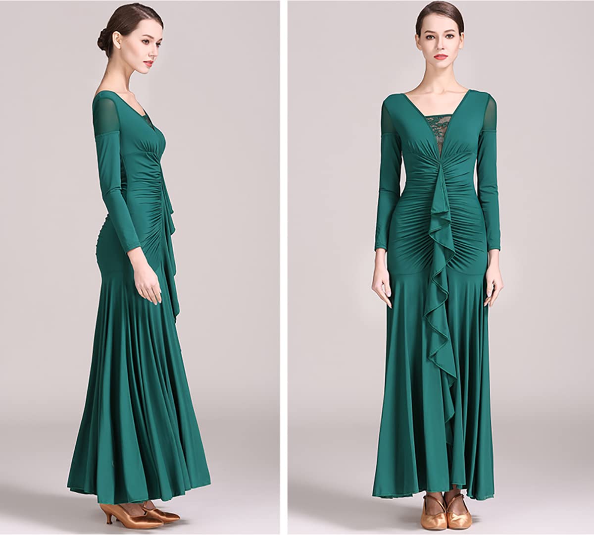 Nowoczesne kostiumy na konkursy tańca moda damska seksowna sukienka koronkowe szwy dekolt w serek bez pleców jednolity trykot długa sukienka na imprezę elegancka sukienka duża spódnica swing