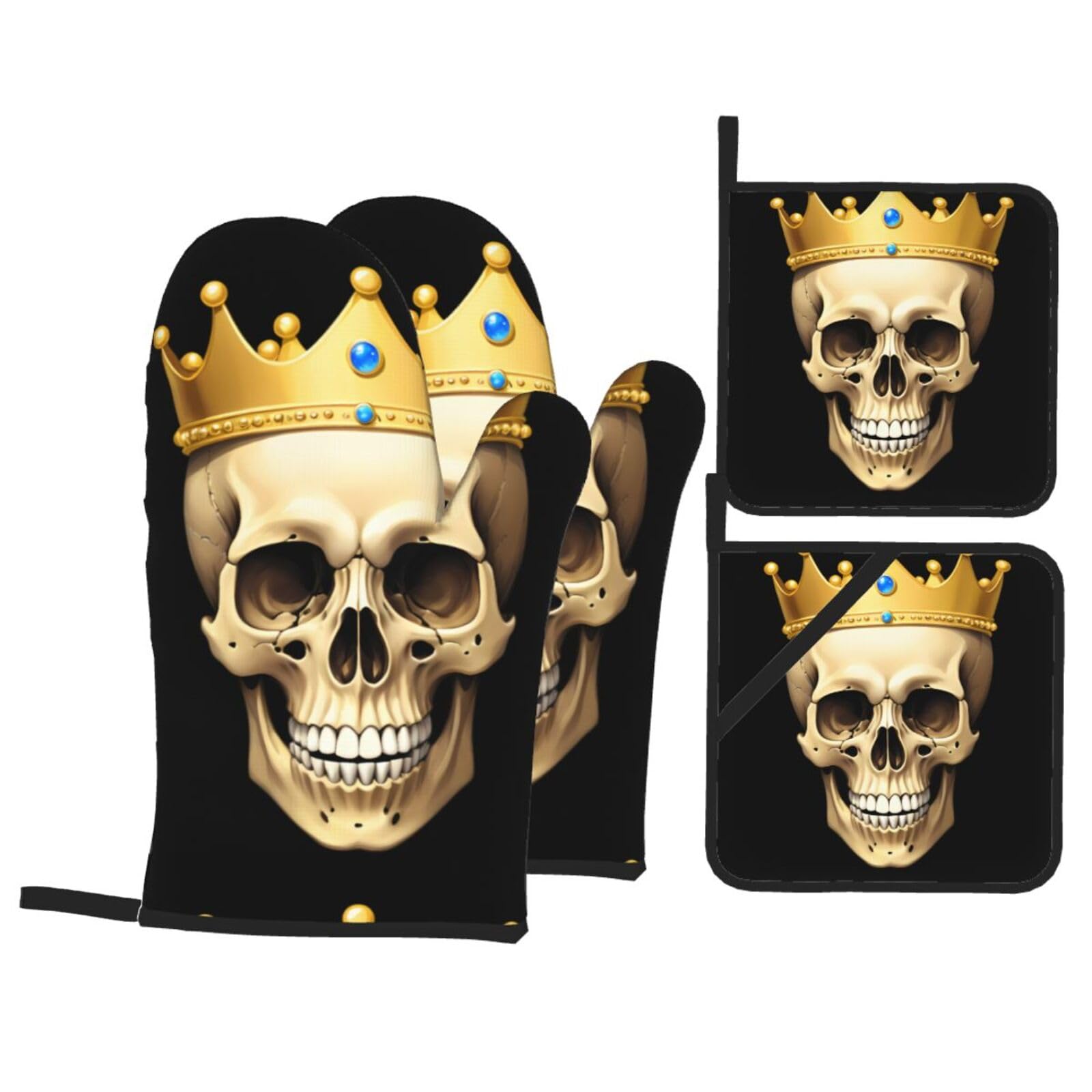 YYHWHJDE Crown Skeleton Printed Kitchen Baking Set of 4 Thick Insulated Oven Mitt & Pot Holders, Anti-Scalding for Microwave, Oven, Outdoor BBQ