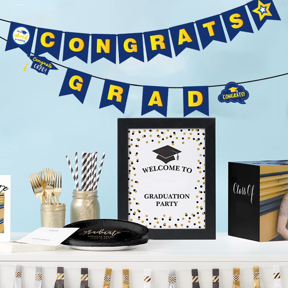 Congrats Grad Banner,2024 Blue and Gold Graduation Celebration Bunting Star Graduation Caps Congrats Grad Bunting Banner Sign for School College Home 2024 Graduation Party Decoration Supplies - Image 4