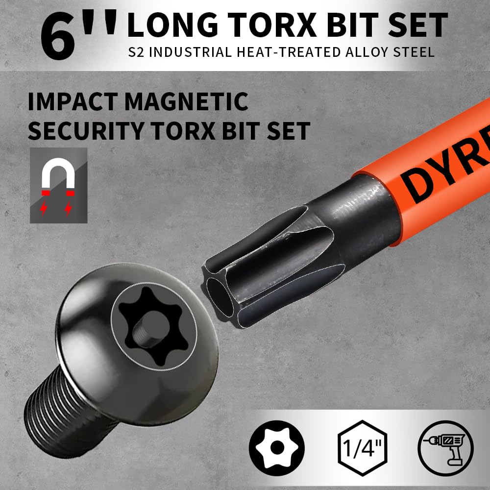 Juego de 8 brocas Torx de 6 pulgadas de largo, puntas Torx de impacto (T8 a T40), juego de brocas Torx de seguridad magnéticas, juego de brocas de estrella de acero S2, juego de brocas Torx de