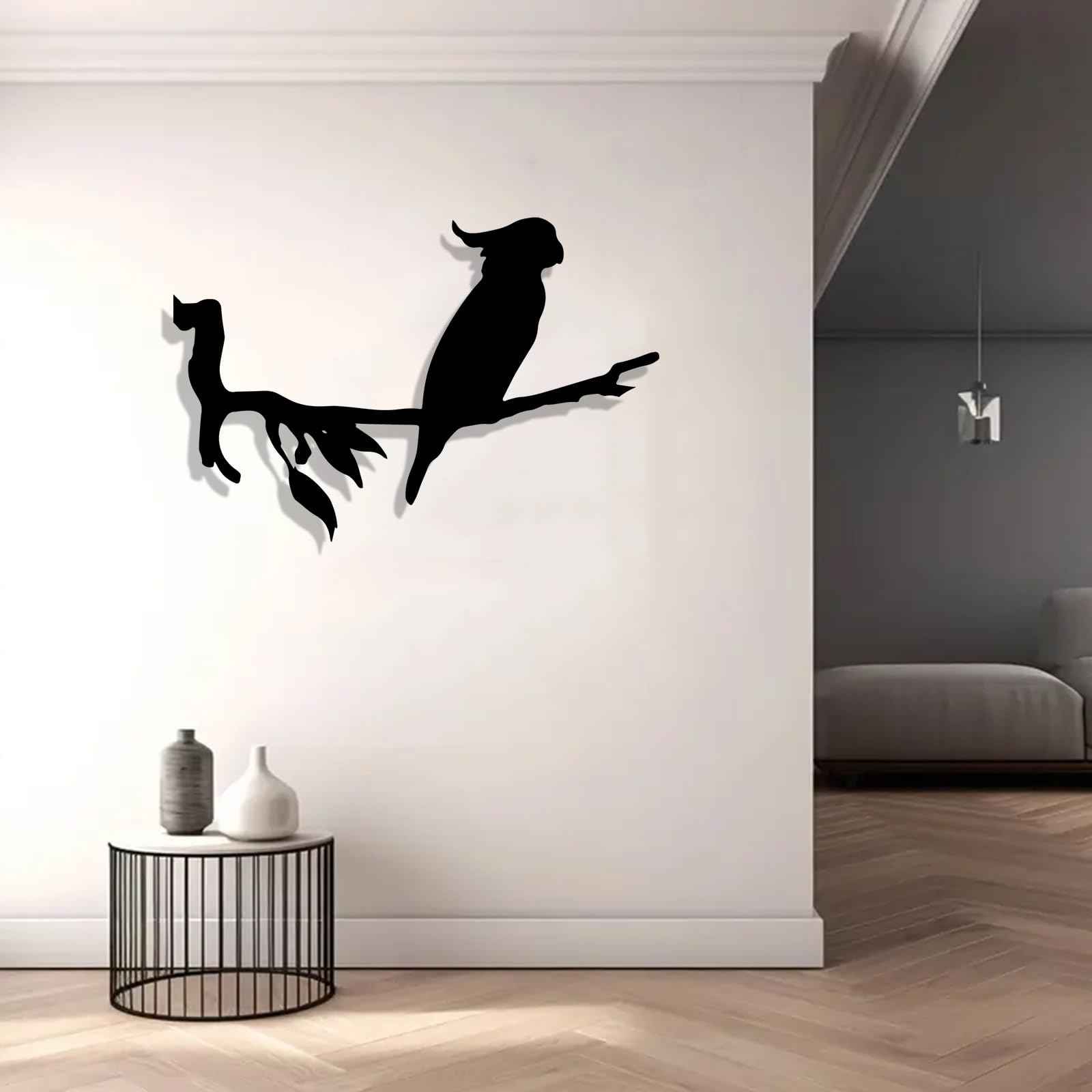 Decoración de pared abstracta contemporánea de metal con silueta de cacatúa, arte de pájaro cortado con láser y resistente a la intemperie para el hogar y el jardín, elegante mural para aviario o