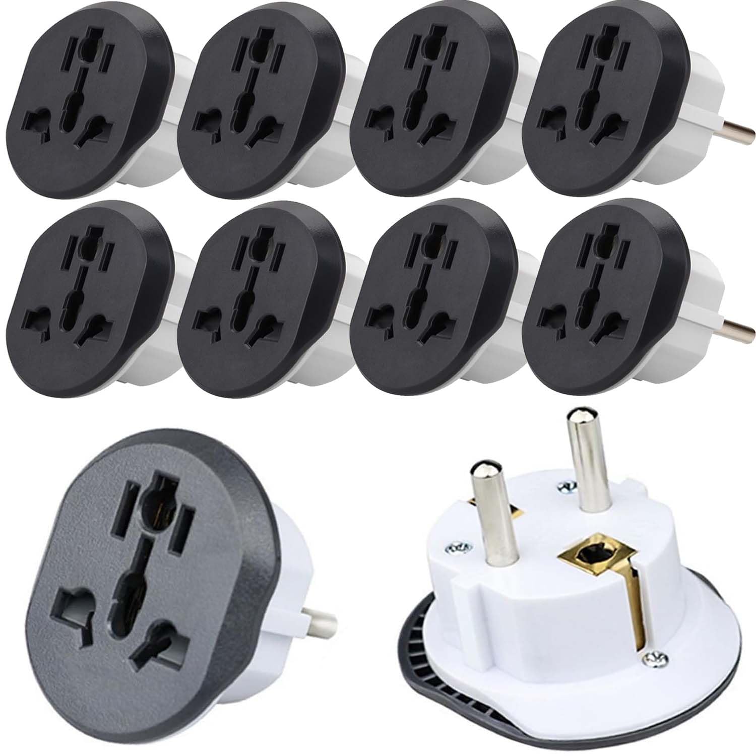 Universal Travel Adapter, 3Pin to 2Pin EU Plug, 16A 250V, Black, Type E to Europlug (Type C), Pack of 10