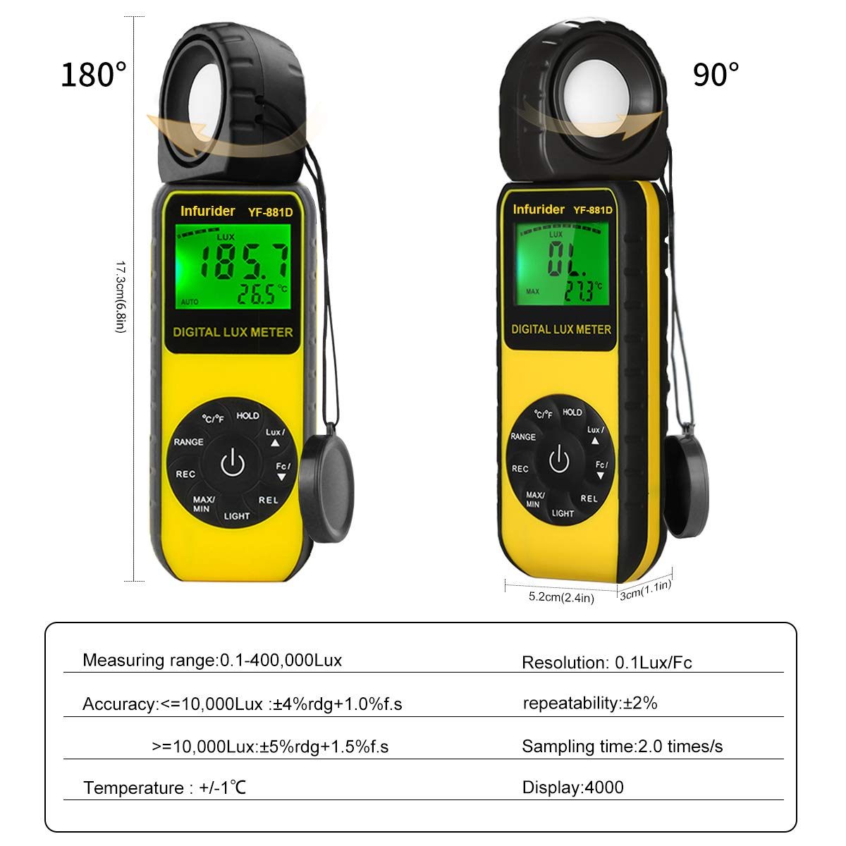Luxmetro Digitale YF-881D Misuratore di Luce Digitale Palmare 0,1-400.000 Lux con Rilevatore Rotante a 270 ° Per Laboratorio/Esposimetro Fotografico