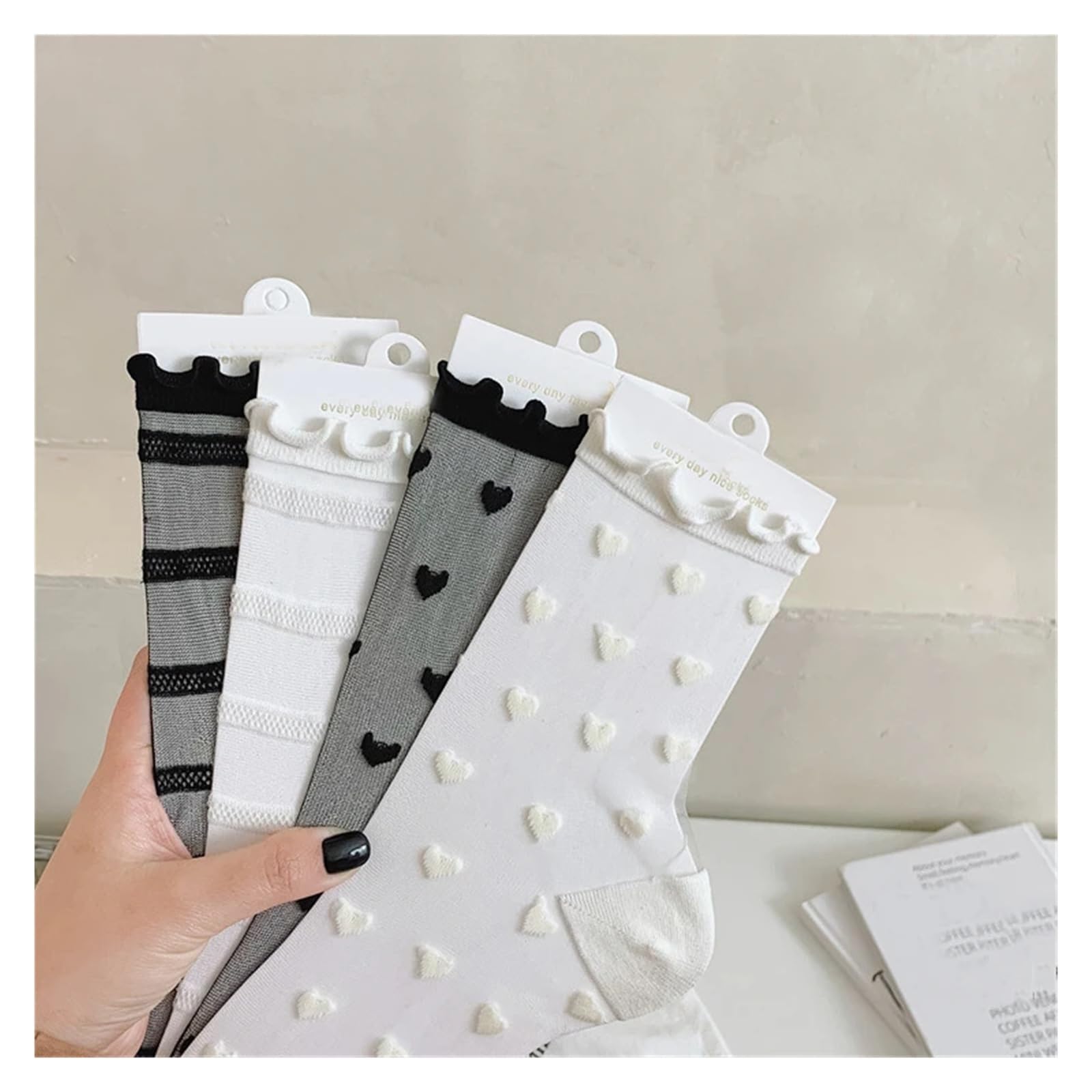 Medias Cortas Mujer 3 pares de calcetines finos verano for mujer y niña, encaje, con volantes estampado corazón, malla transparente