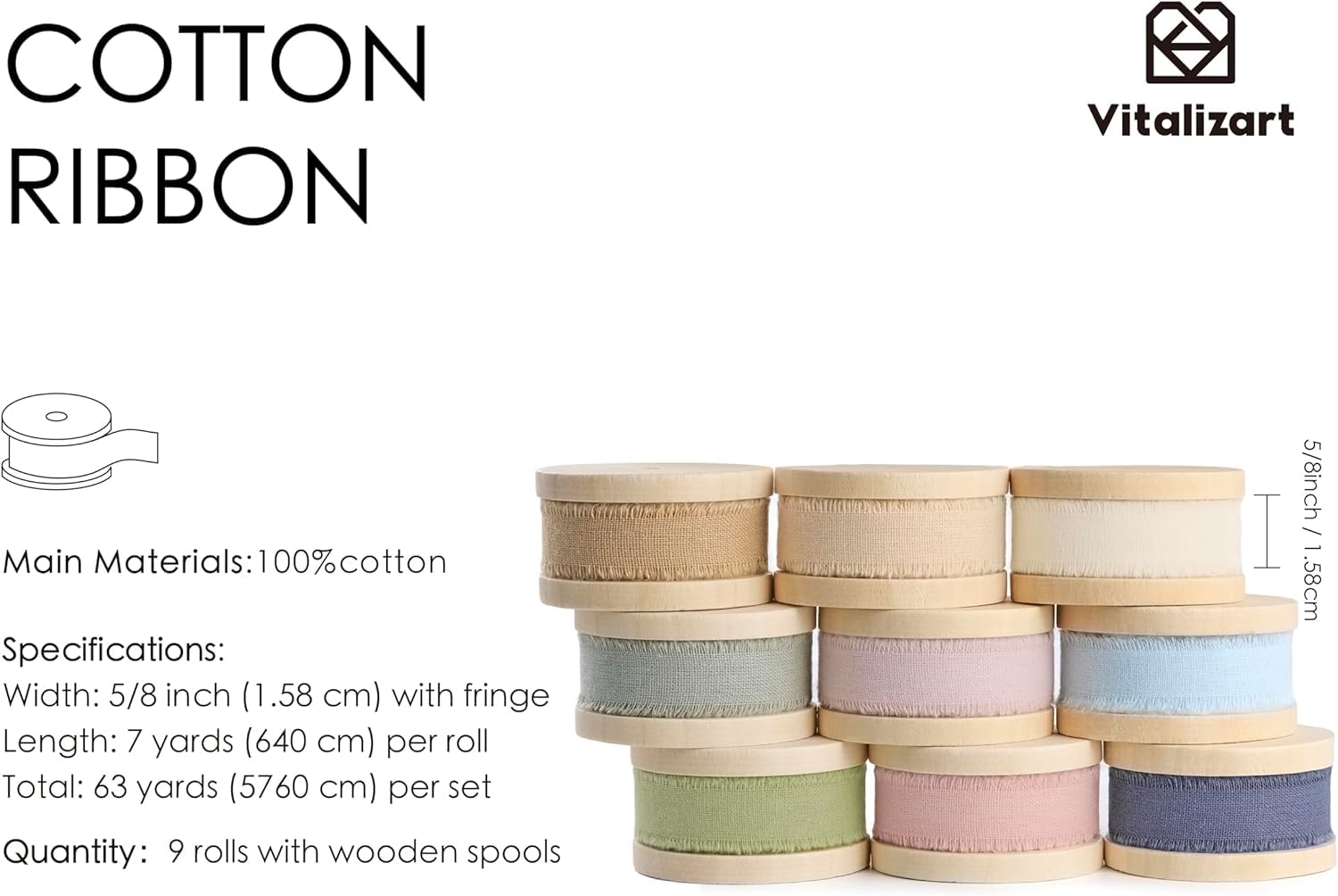 Vitalizart Natural Cotton Ribbon 5/8" x 63Yd Mixed 9 Colours, 9 Rolls*7Yd Handmade Fringe - Image 2
