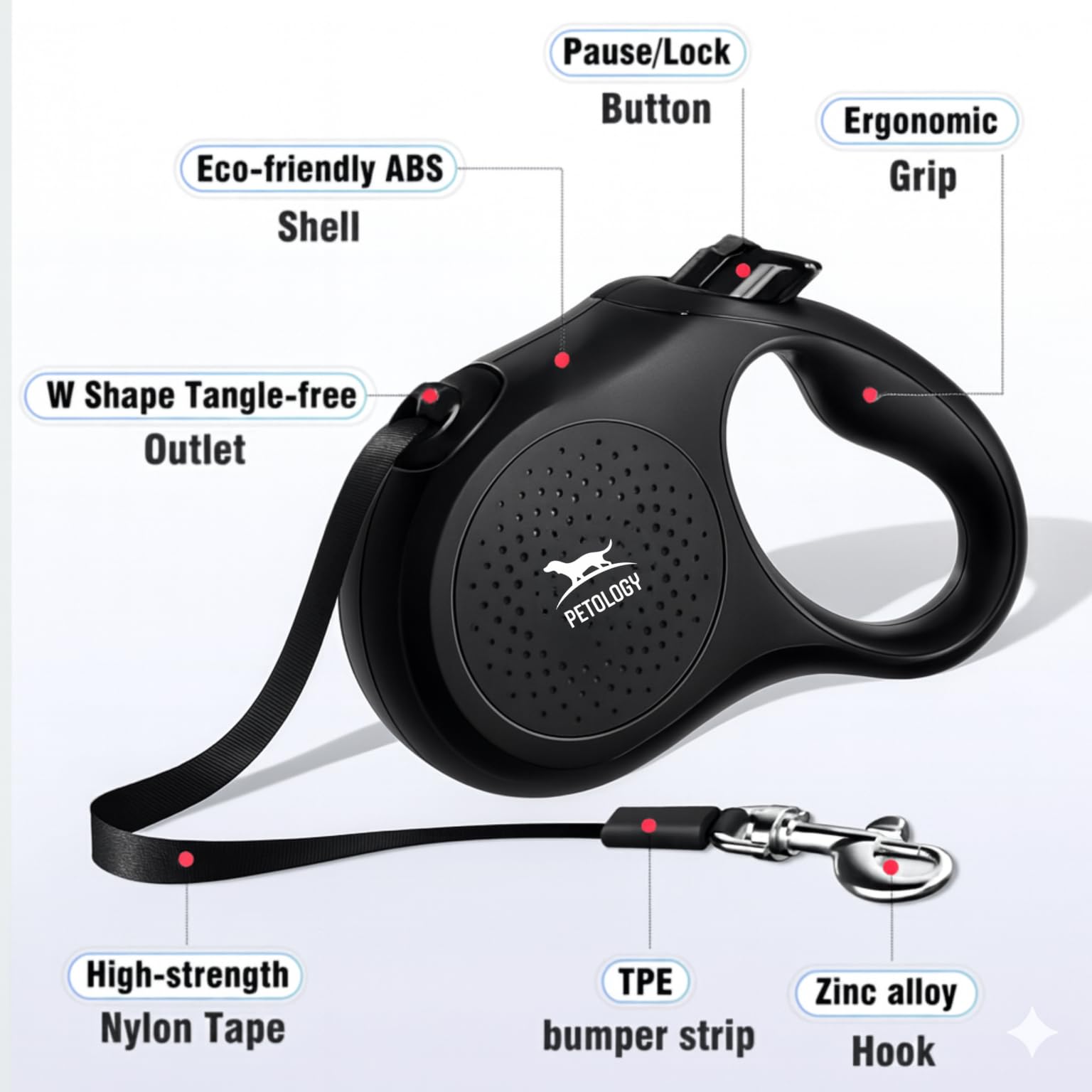Petology Retractable Dog Leash | 5 Meter (16ft) Nylon Tape | for Dogs Upto 50kgs | Heavy Duty Rope, 360° Tangle-Free, One-Hand Brake & Lock System, Anti-Slip Comfortable Grip 1