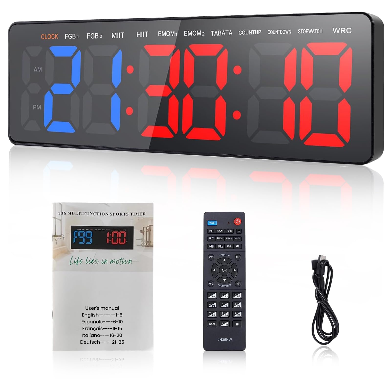 Temporizador de Gimnasio, 16.5" Grande Reloj de Pared Digital Temporizador de Intervalo LED con Countdown & Up Cronómetro, Brillo & Volumen Ajustable, Gym Timer con Control Remoto para Casa