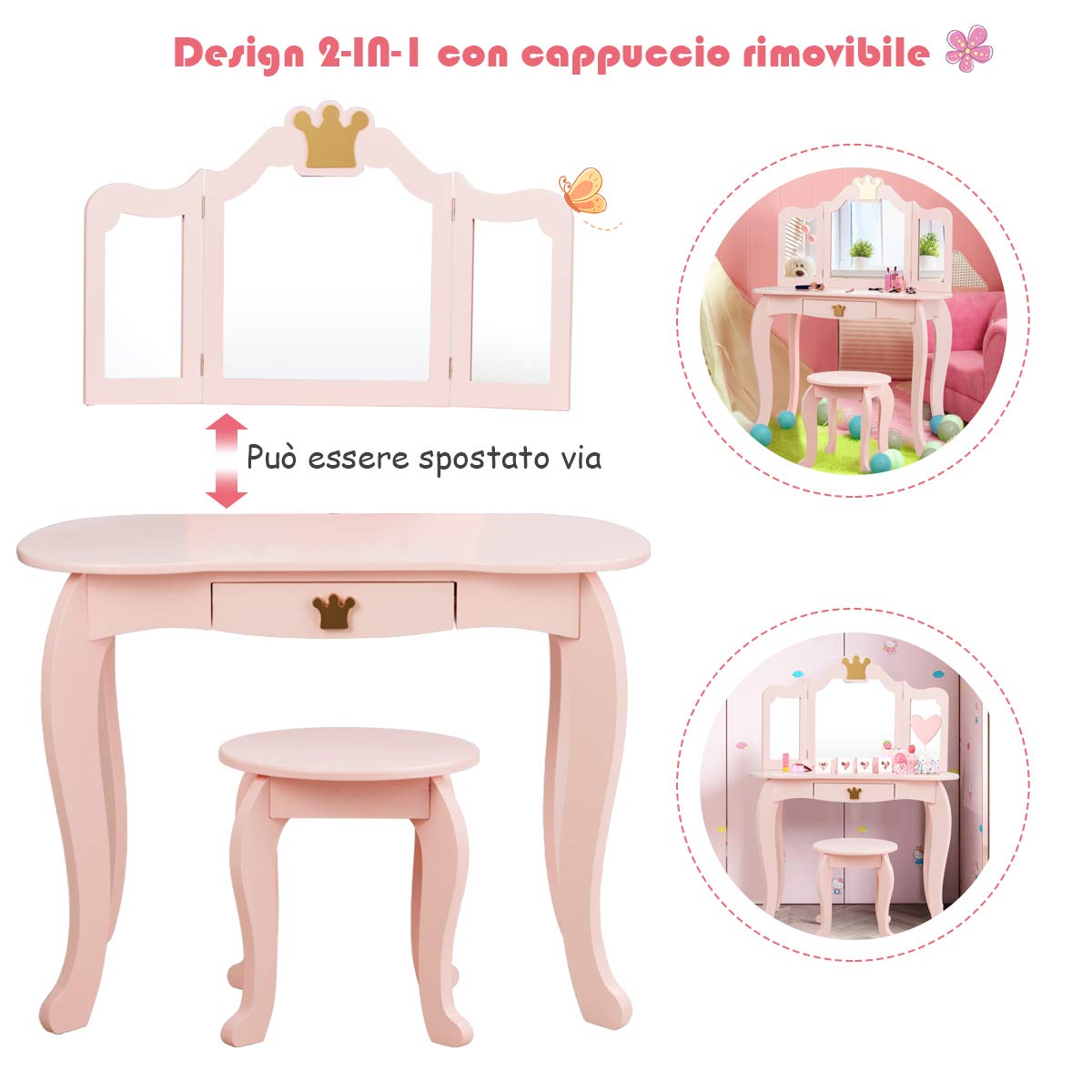 COSTWAY 2 in 1 Toeletta Trucco per Bambina 3+ Anni, Postazione Trucco Bambina a 3 Parti Rimovibile, Set in Legno di Pino con Sgabello, Cassetto e Dispositivo Anti-ribaltamento, per Cameretta (ROSA)