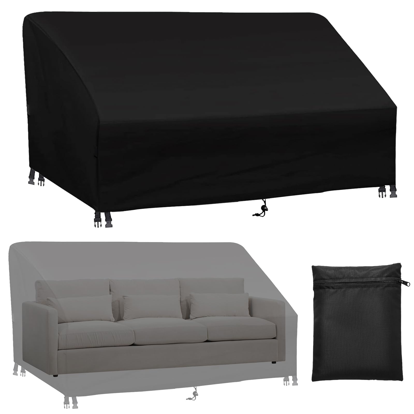 Gartensofa Schutzhülle Wasserdicht UV-beständig, Silberbeschichteter 420D Oxford Gartenmöbel Abdeckung Gartenbank Abdeckung (3-4 Sitzer, Schwarz, 200×93×88/64 cm)