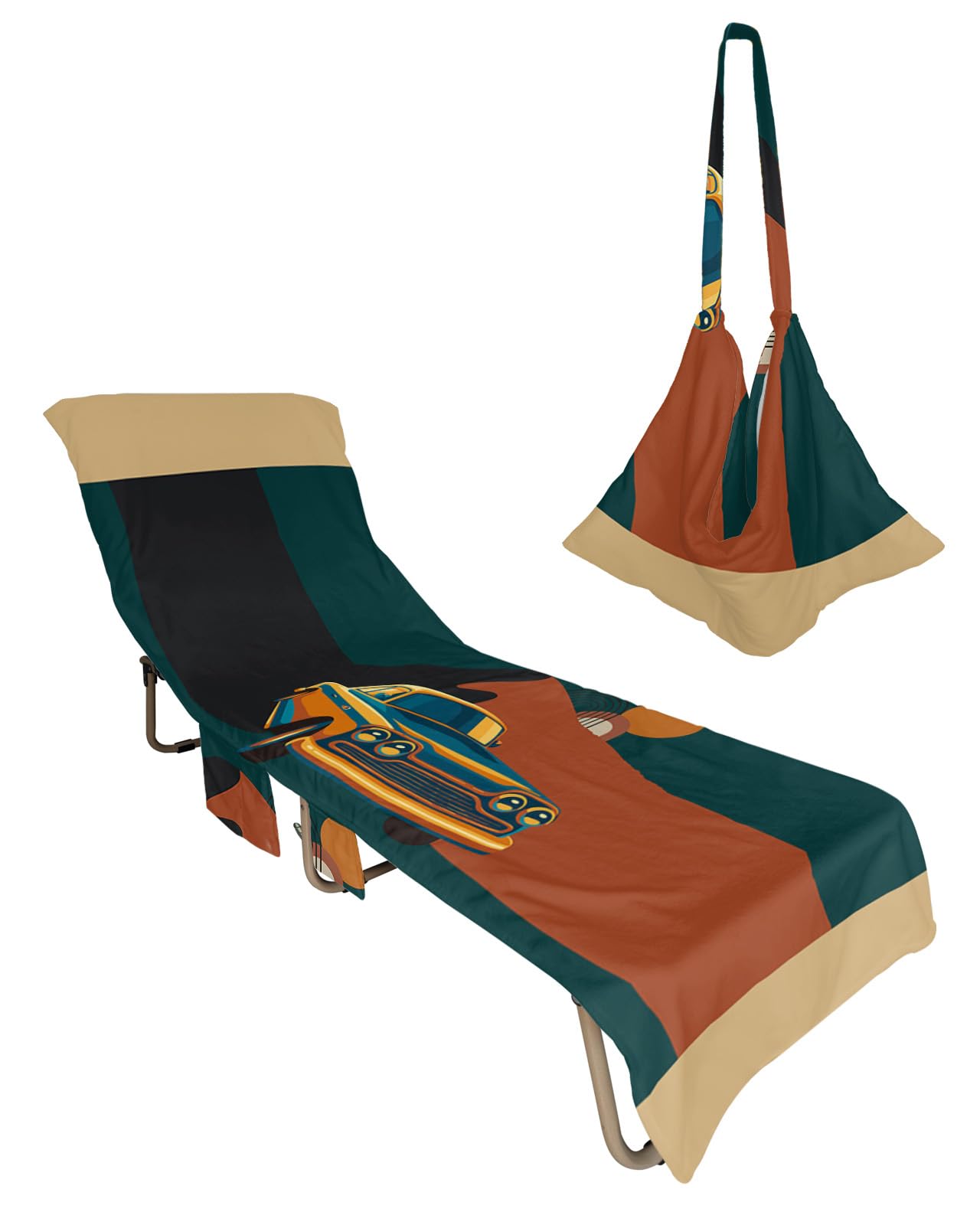 Boho Mountain, Beach Lounge Chair Towel Cover, Soft Chaise Lounge Towel with Side Pockets Patio Pool Chairs Cover for Beach/Pool Sunbathing 29x85 Colorful Car Minimalist Geometric Sun Stripes