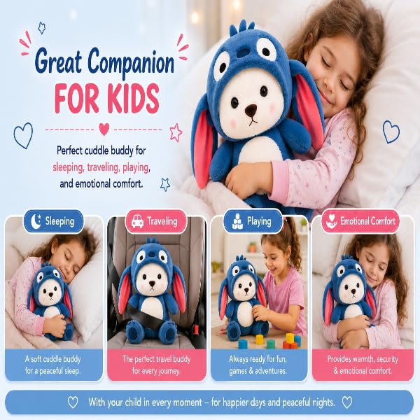 Image of Soft Stuffed Animal,Hoodie Bear Teddy Plush Toy Removable Cap with Long Ears for Birthdays Special Occasions Boys, Girls, & Kids Navy Blue, 28 cm