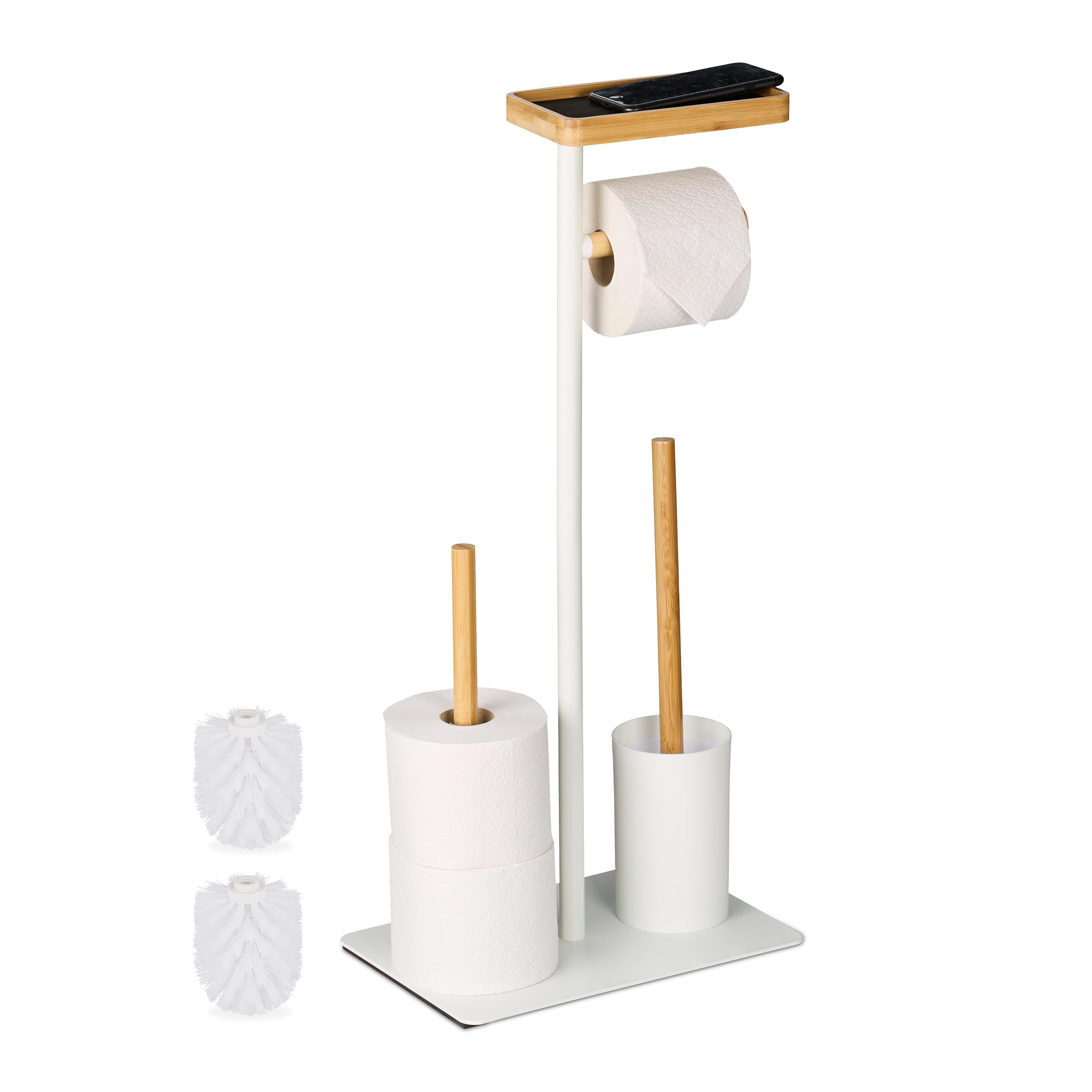Relaxdays Escobillero y Portarrollos para Baño, Bambú y Hierro, Vertical, Escobilla con Soporte, Blanco/Natural