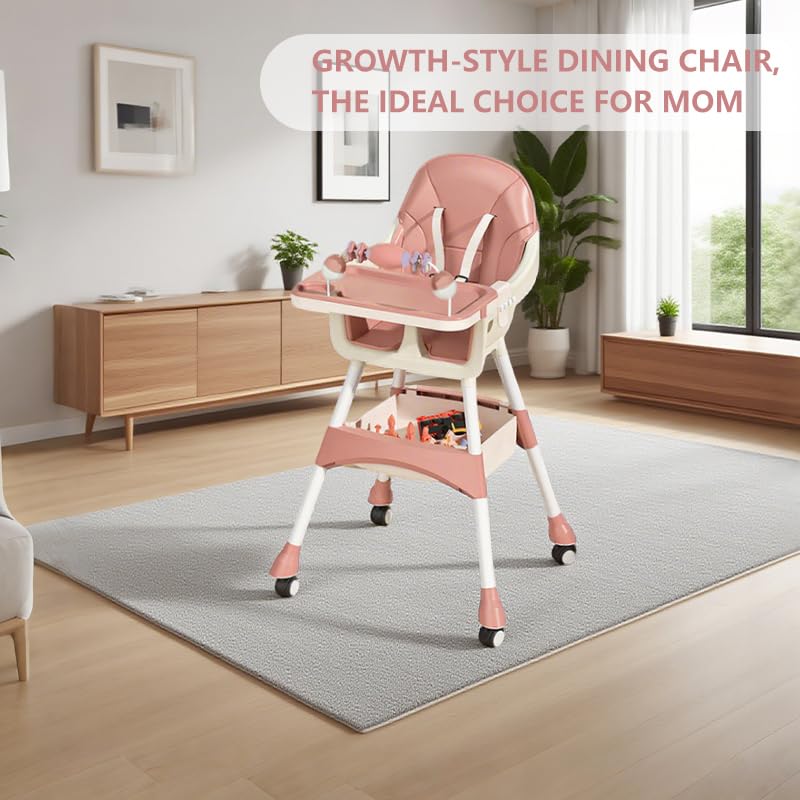 Portable Baby High Chair for Babies & Toddlers, Easy-Clean Multi-Use Feeding Chair with Lockable Wheels & Toy Storage Basket-Pink