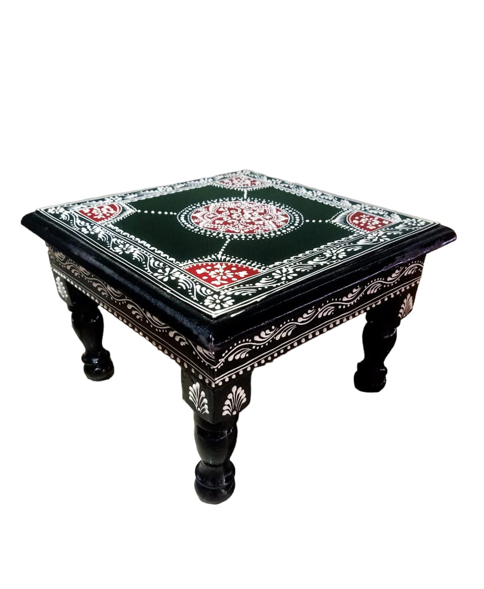 MARWAL HANDICRAFTS Wooden Decorative bajot pooja hand made pooja chowki / Handmade/ Antique Design/ Multipurpose Stool/Pooja mandir Chowki for Living Room Diwali Decoration Side Table for Bedroom Wooden Palm Stool Bajot Black 9x9x6 Inch small size