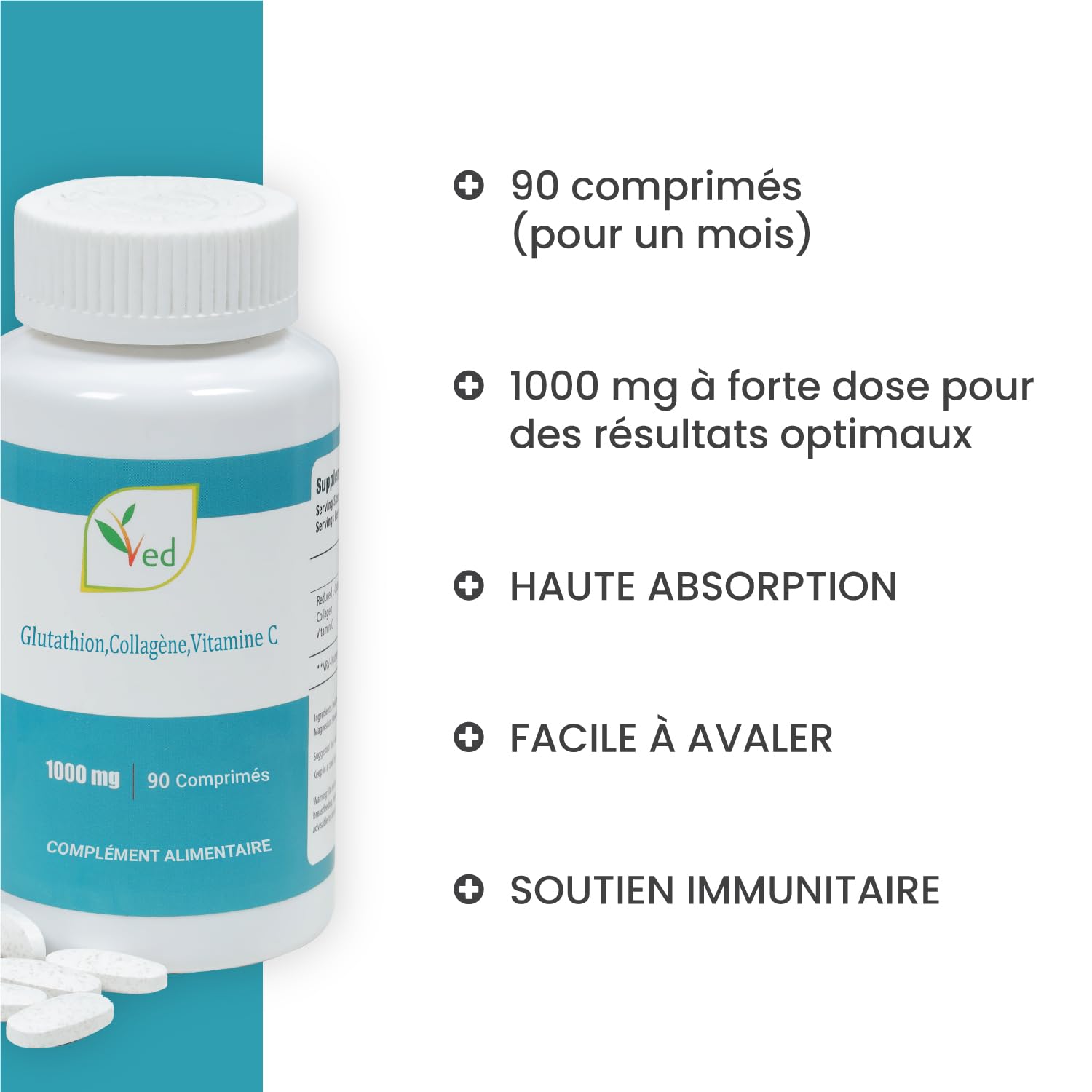 VED L-Glutathion réduit, Collage, Comprimés de vitamine C | 1000 mg x 90 comprimés