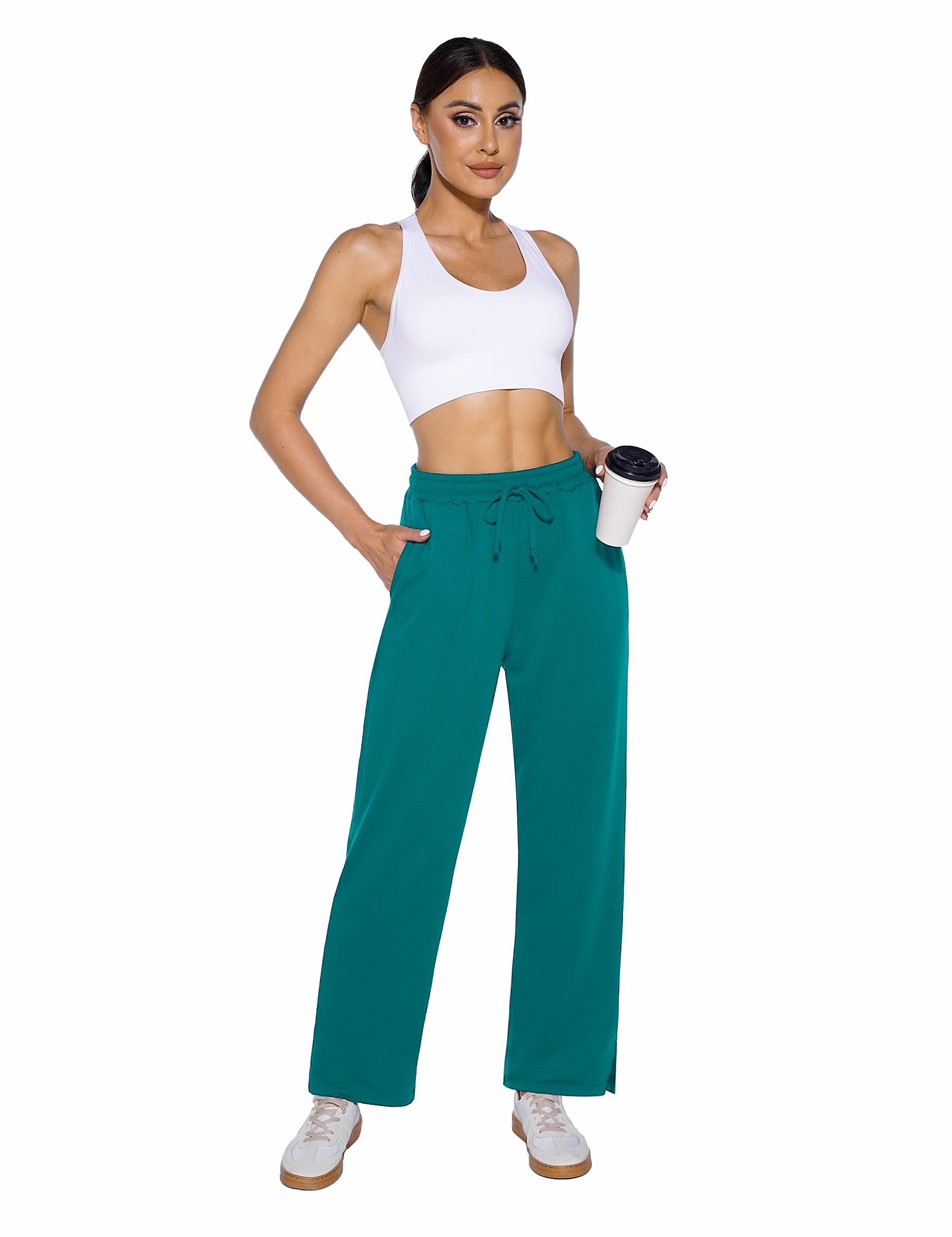Demegimi Pantaloni Sportivi Donna a Vita Alta con Tasche Pantaloni della Tuta Donna in Cotone a Gamba Larga Pantaloni Jogger Leggeri con Coulisse per Jogging Fitness Sport Yoga