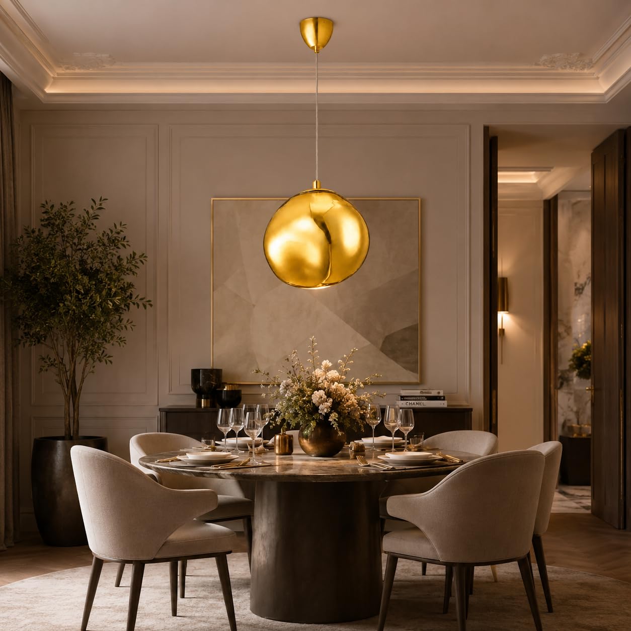 BARCELONA LED Goldene Pendelleuchte Ø28cm E27 Aus Glas | Robustes Metall, Transparentes höhenverstellbares Kabel, Bis 40 W, Für Wohn- und Esszimmer, Wohn- und Hotelbereich