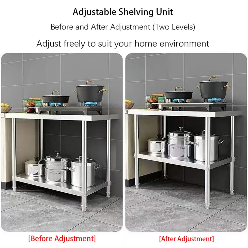 Zweistöckiges Regal Zum Teigkneten, Abstellen Von Gegenständen Mit Verstellbaren Outdoor Tisch Edelstahl-Arbeitstisch Den Hausgebrauch Pflanztisch Für Garage,Silber,L110*H80*W40