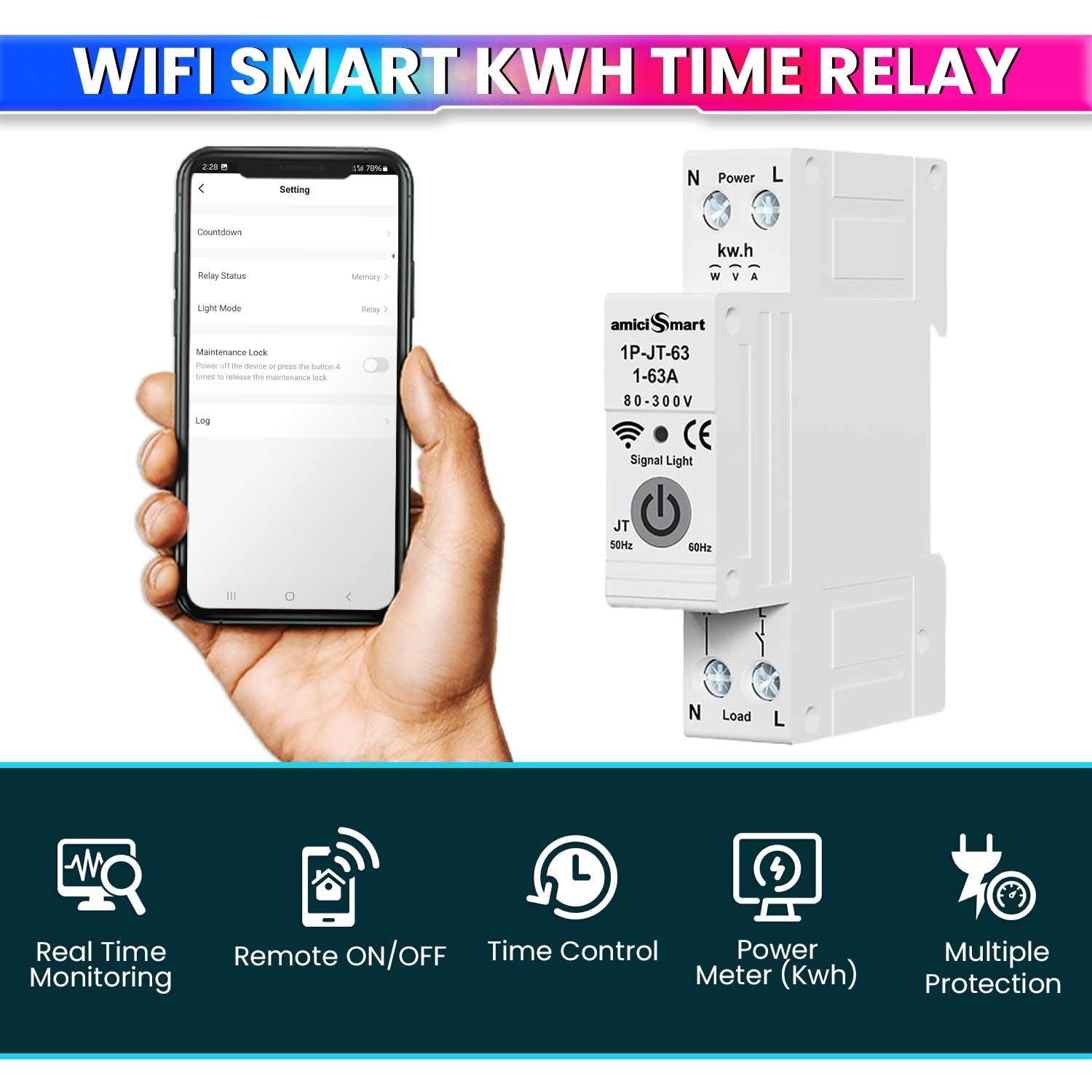 amiciSmart WiFi Energy Meter with Timer Switch | Over/Under Voltage and Over Current Protection Device with Over Temperature Protection, Single Phase, 220VAC - Image 3 thumbnail
