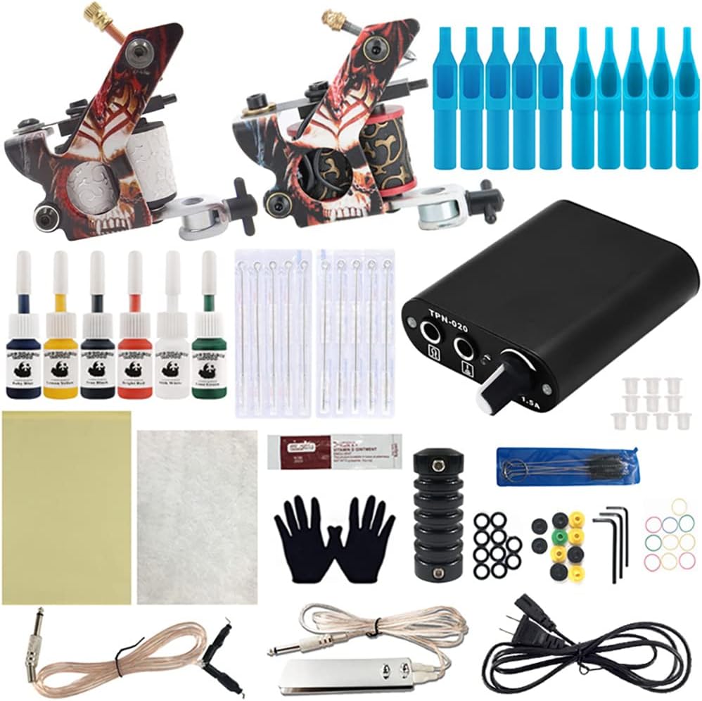 Beginner Tattoo Practice Machine Set with Dual Tattoo Machines and Power Supply, Complete Tattoo Pen Equipment for Lining and Shading Training