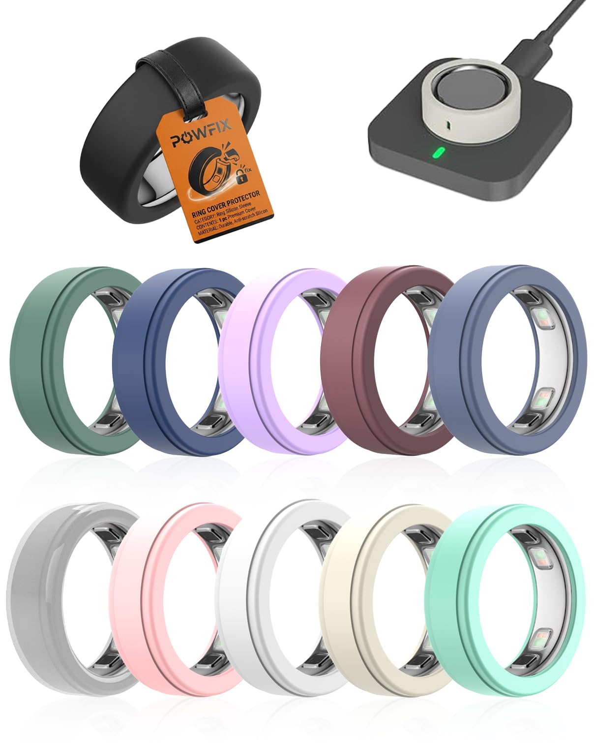 Powfix Case for Oura Ring 5 Smart Ring, 11 Pack Silicone Sleeve Size M (10/11/12/13), Anti-Scratch Shockproof Cover, No Sensor & Charging Interference（Only Case）