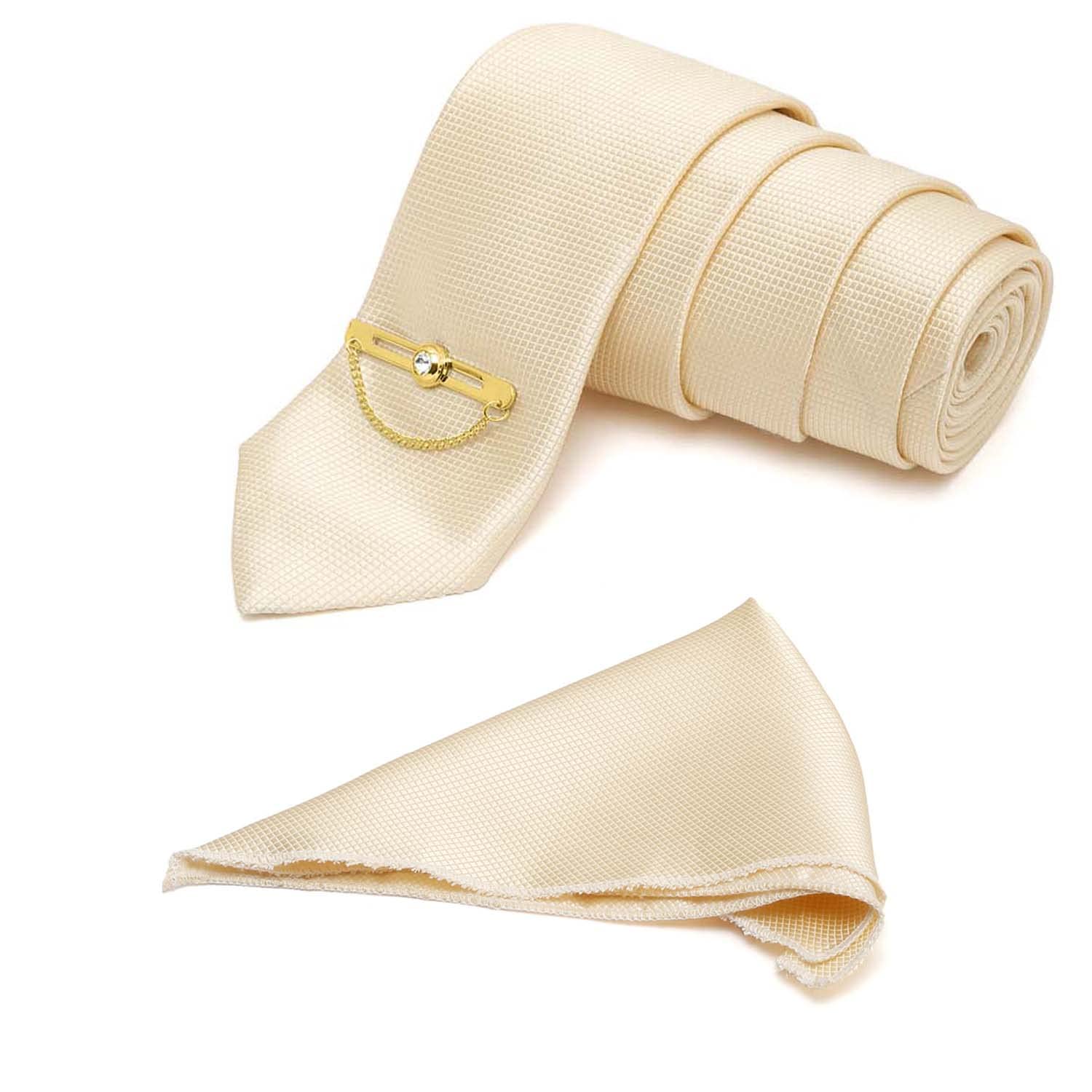mutaqinoti Mens Cream Woven Premium Silk Necktie Set Incl Pocket Square Golden Tiepin British Style Formal Tie Gift Set for Men (TECM03-GPC)-picture-18