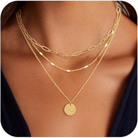 Layered Gold Necklace for Women, 14K Gold Plated Necklace Stack for Women, Dainty A...