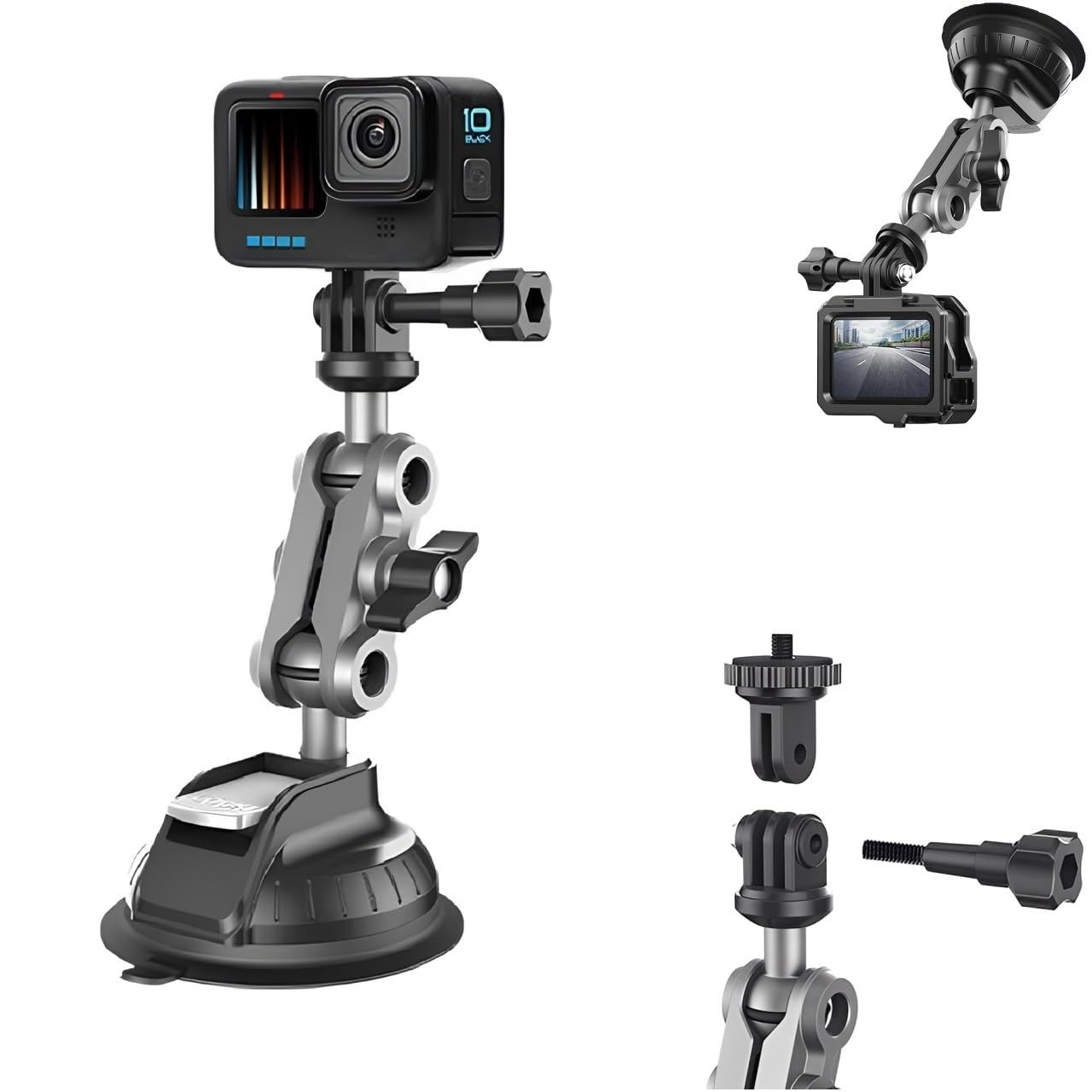 Supporto a Ventosa per GoPro Hero 13/12/11, Accessori action cam per Auto con testa a sfera girevole a 360°, Connettore da 1/4" compatibile con Insta360 X5/X4, per DJI Osmo Action 5/Procket