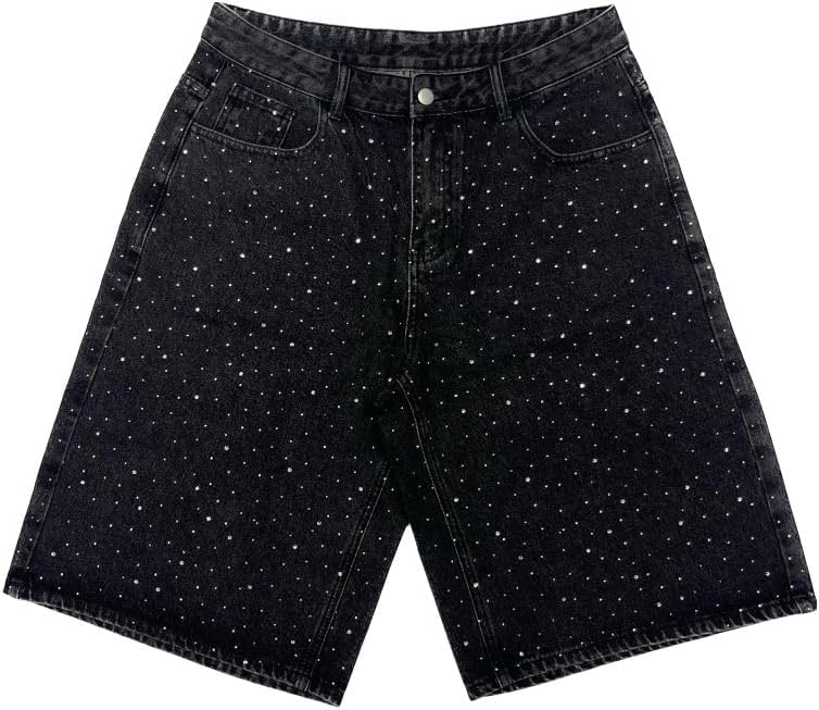 Men's Baggy Jean Shorts Black Rhinestone Embroidered Jorts Loose Fit Denim Shorts Crystal Studs Casual Streetwear