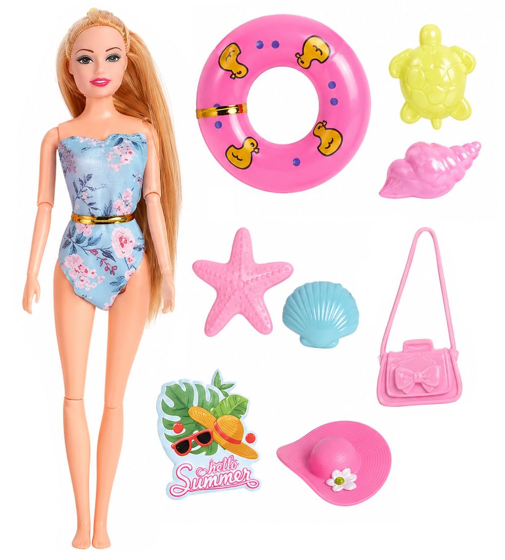 SUPER TOY Summer Beach Doll Playset with Movable Joints, Floating Swim Tube & Accessories for Kids-image-26
