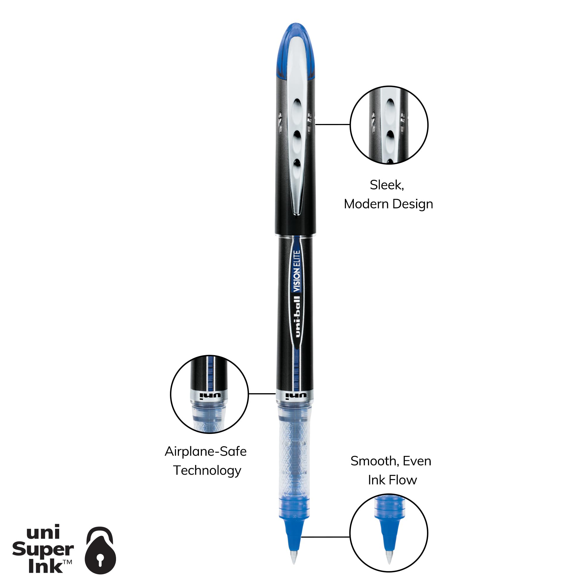 Uni-Ball Vision Elite - Bolígrafos de punta redonda, punta micro, 0.5 mm, tinta negra y azul, paquete de 12 (6 negros, 6 azules), tinta uni resistente al fraude y al agua, seguro para aviones