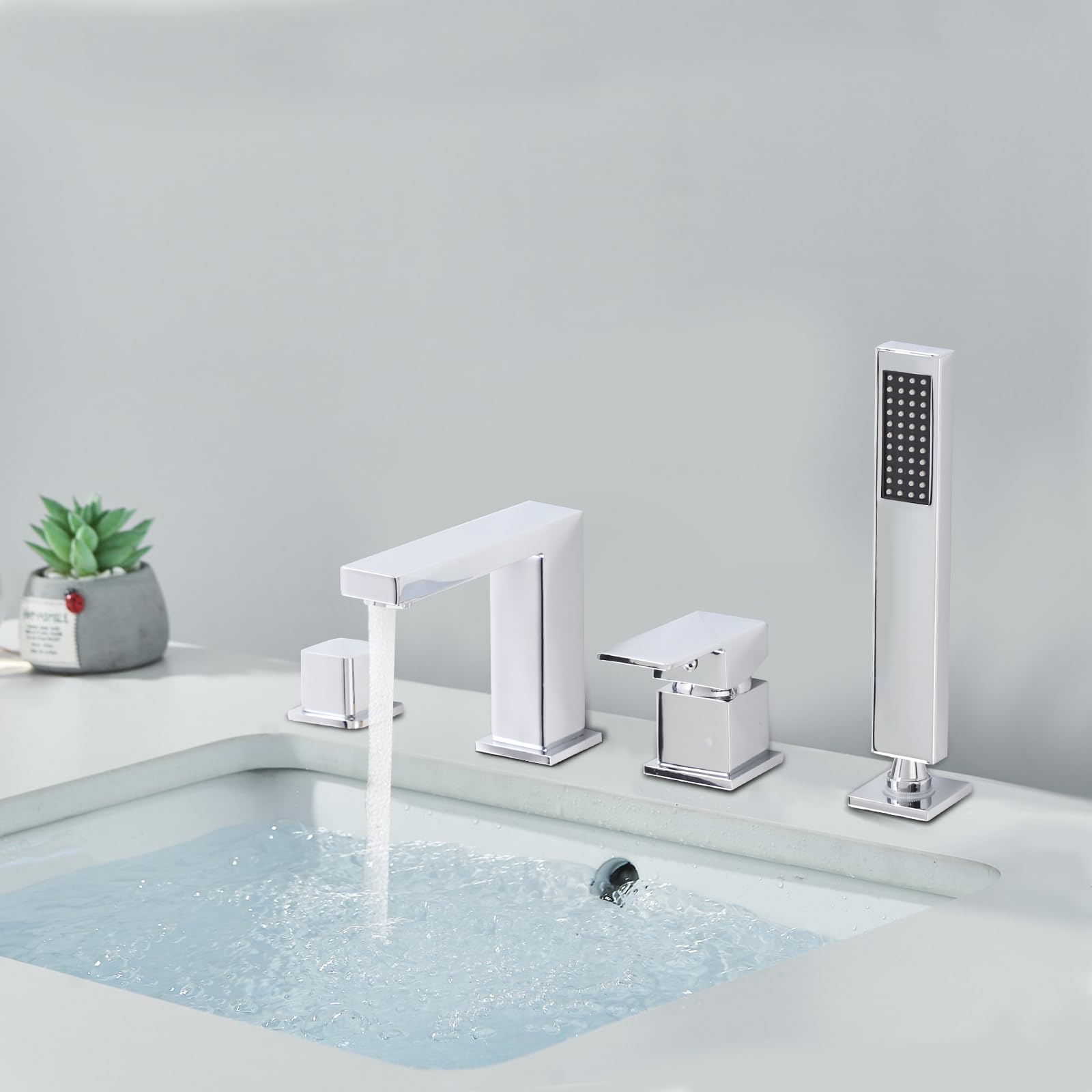 Grifo para bañera de 4 orificios, grifo de bañera con ducha de mano, grifo de borde de azulejo cromado, monomando con ducha de mano, grifo de baño frío y caliente para bañera (plata)