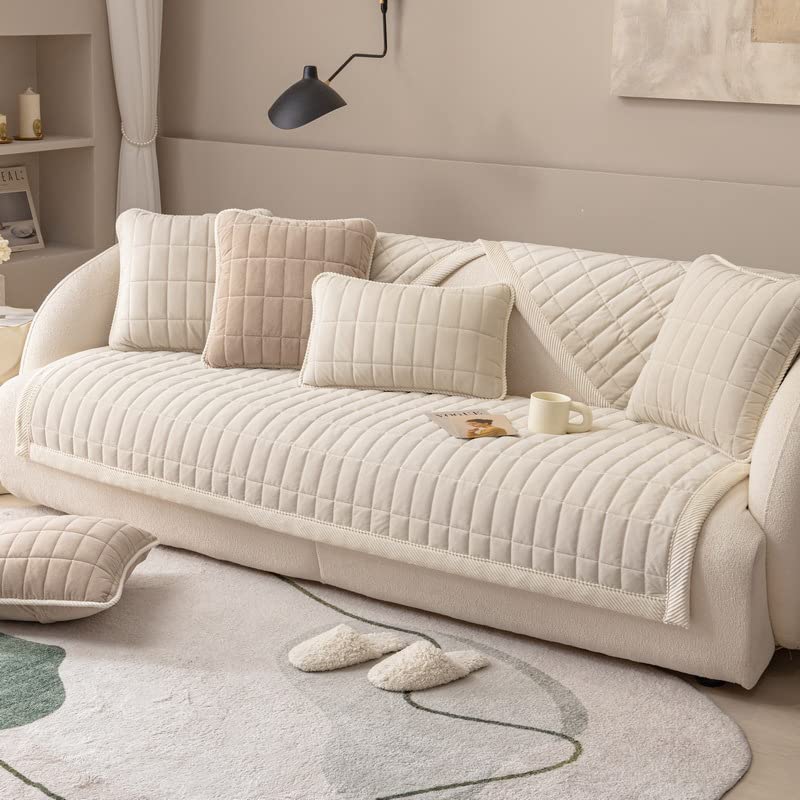 Dfcdcoo Couch Cover,Sofa Cover Sectional Couch Covers,Plaid Quilted Suede Sofa Cover, Super Soft Non Slip Sectional Furniture Couch Covers (Beige,