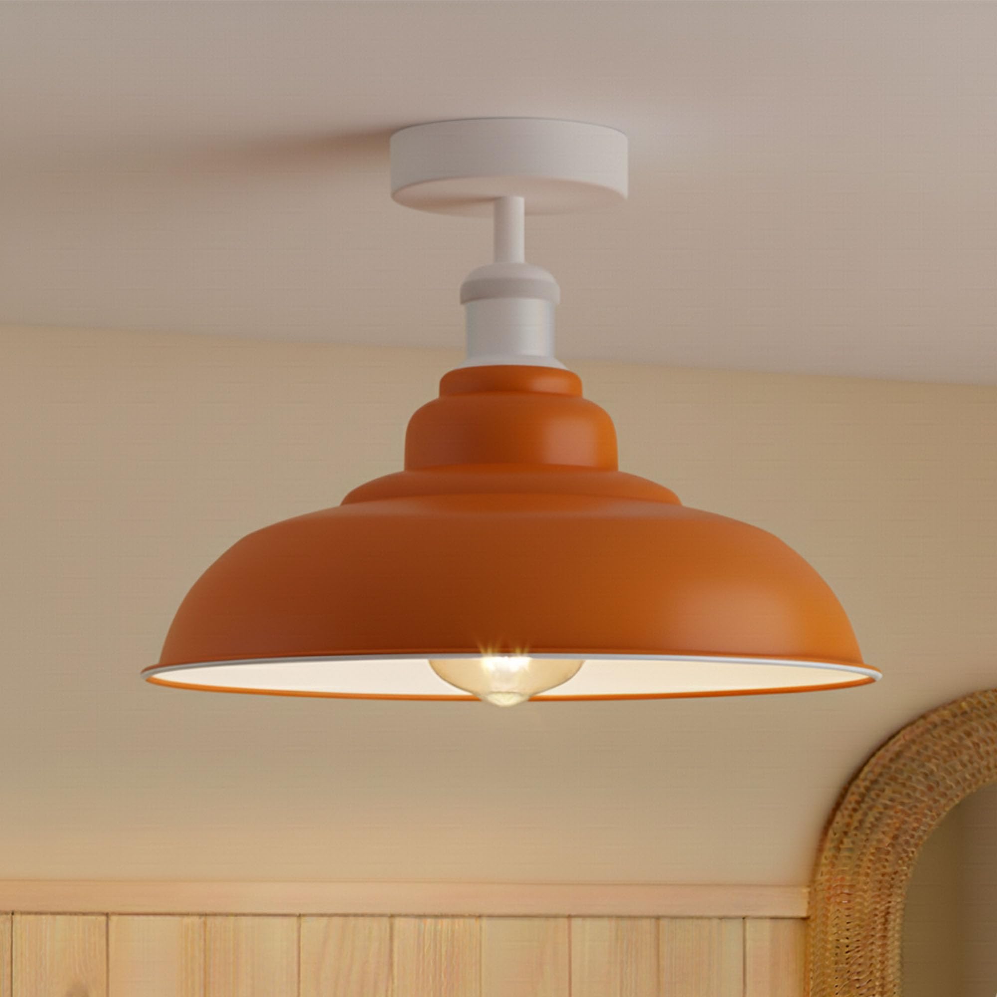 Dc Voltage Orange Semi Flush Mount Ceiling Light E27 Vintage Metal Lampshade 32Cm Easy Fit Fixture For Bedroom Kitchen Hallway Dining Room