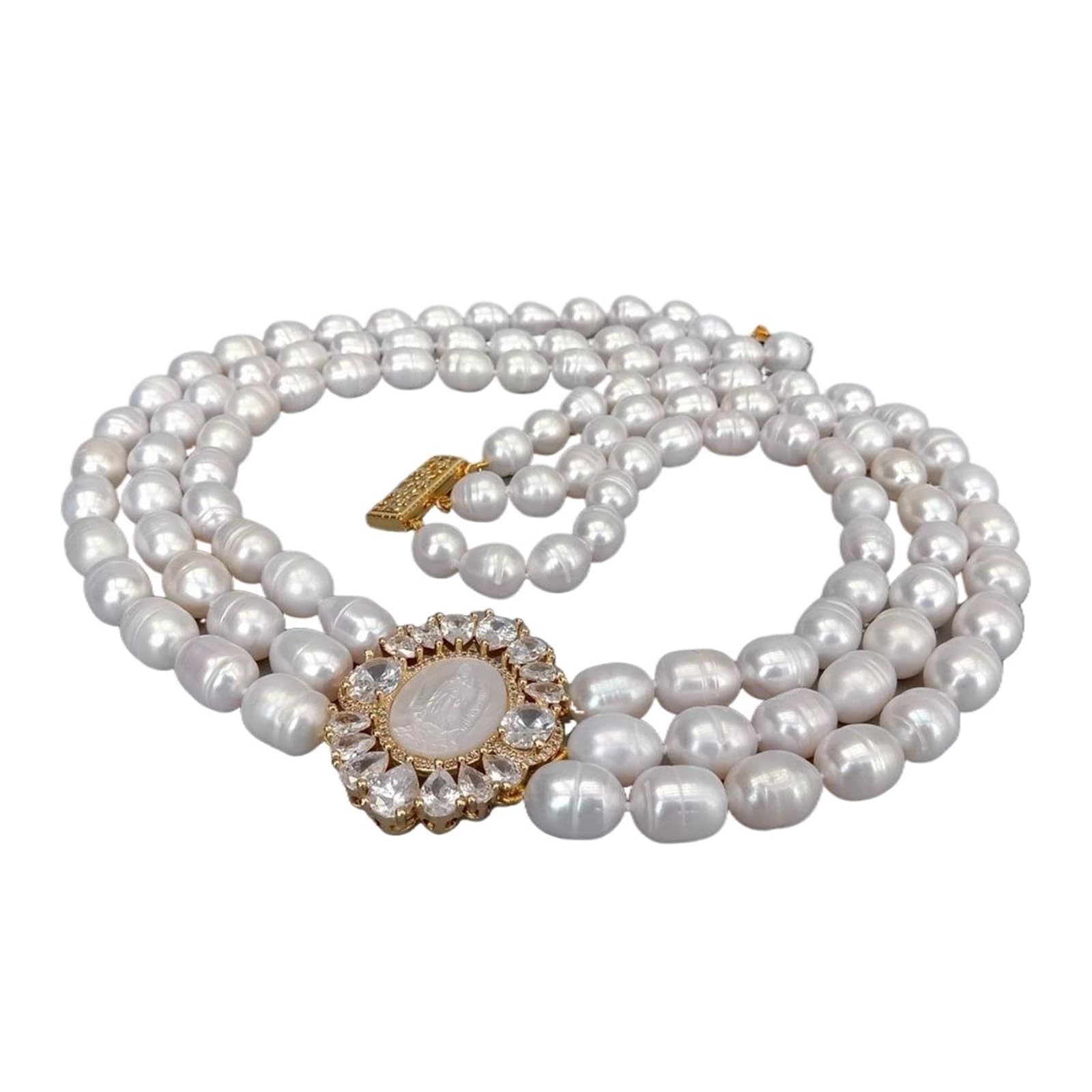 MIUYTRN Collana a più Fili di Perle di Riso Stile Classico Collana Girocollo d'Acqua Dolce a 3 File Collana con Pendente a Conchiglia con cammeo Gioielli da Donna cuicui