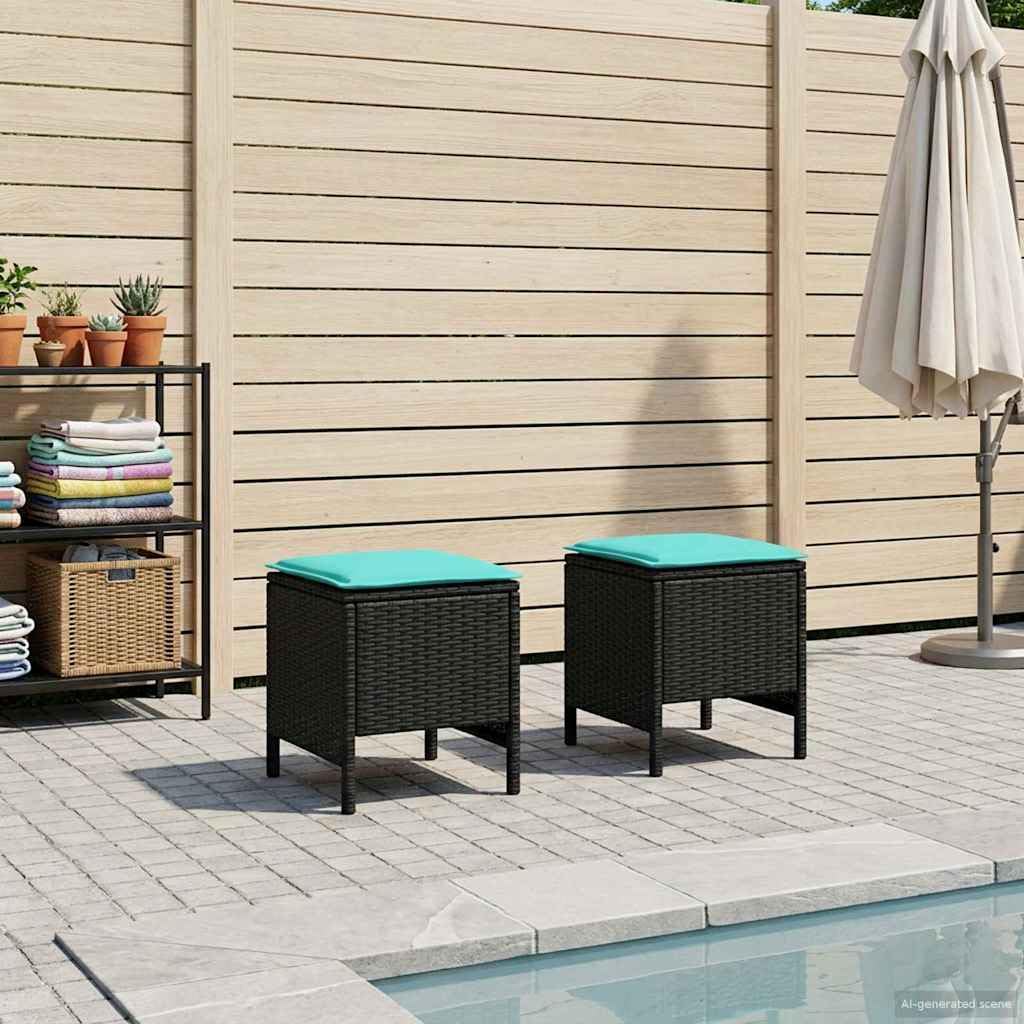 vidaXL Poggiapiedi da Giardino 2 Pezzo Nero e Turchese 38 x 38 x 45 cm, Sgabello moderno in rattan, poggiapiedi compatto, arredo da giardino, accessorio per patio, uso interno, sedia versatile