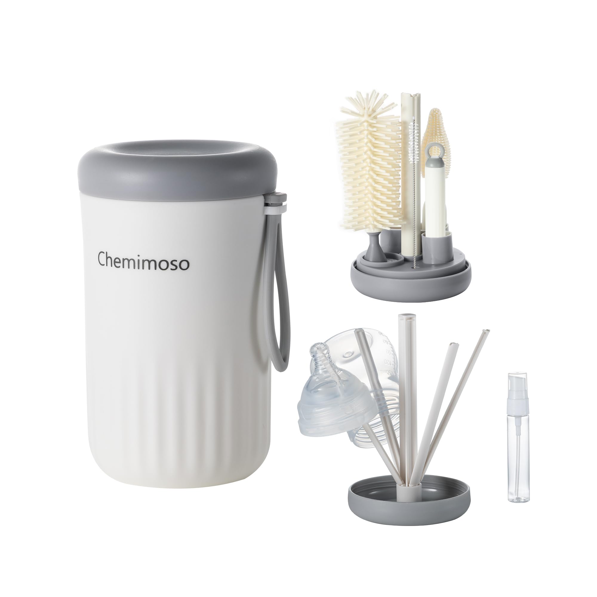 Chemimoso Travel Silicone Baby Bottle Cleaner Brush Set, Foldable Baby Bottle Drying Rack, Essential Cleaning Set for Outdoor Travel, Grey and White