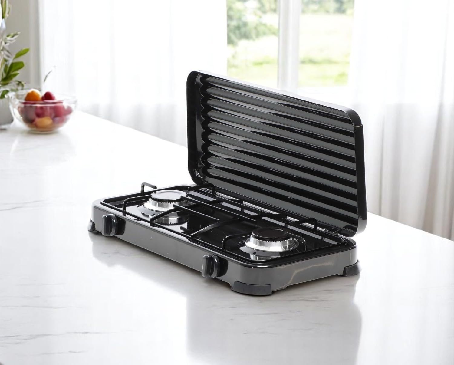 Cocina Hornillo de gas portatil para camping y exterior con 2 quemadores, 30 – 50 mbar, placa de gas con tapa protectora, manguera de presión para butano incluido